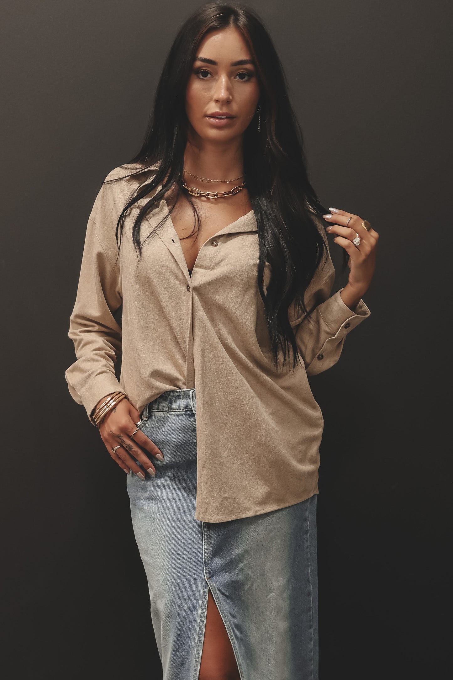 Chemise Suédine Légère Boutonnée – Beige