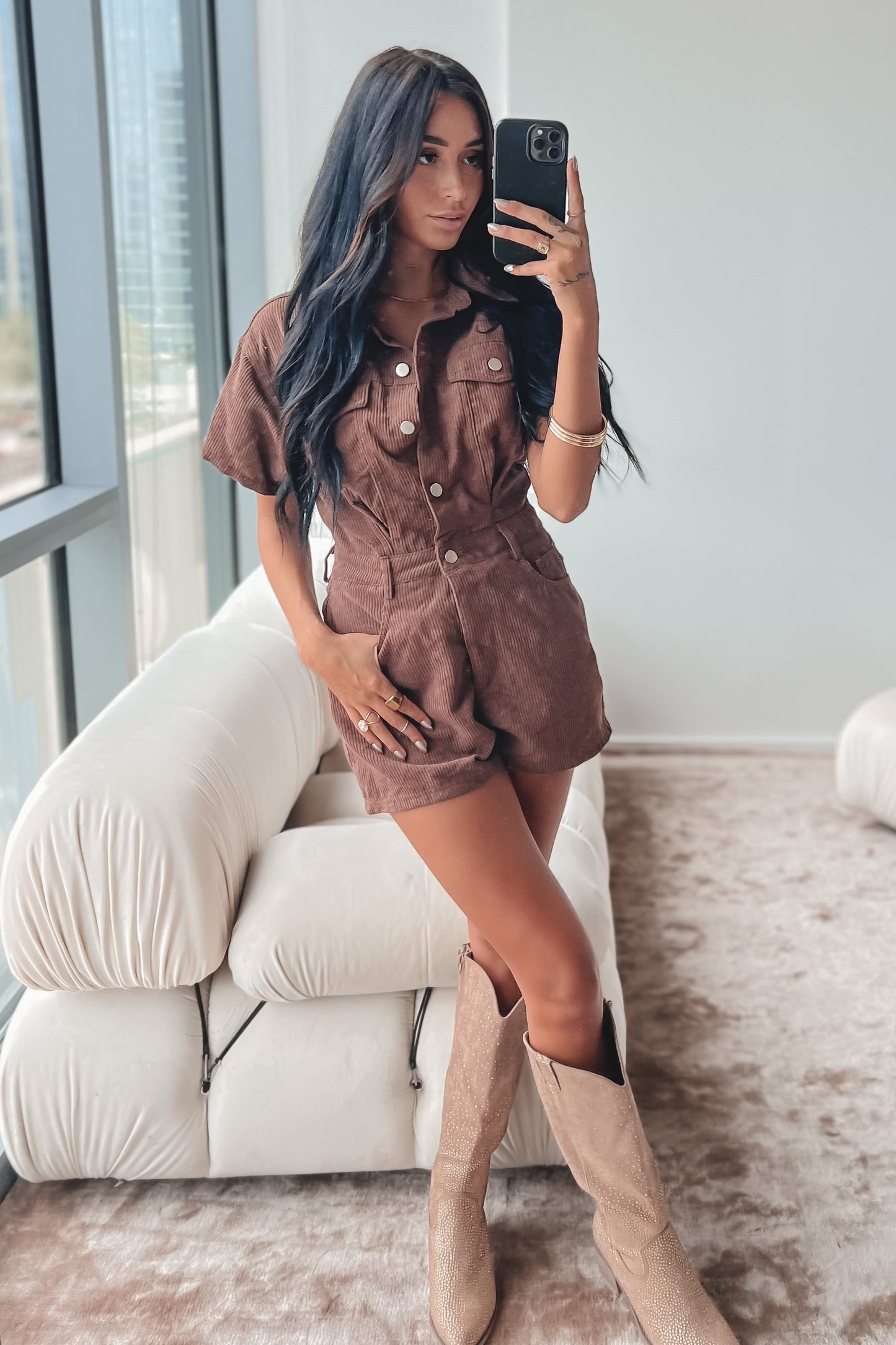 Combishort Velours Côtelé Marron – Manches Courtes